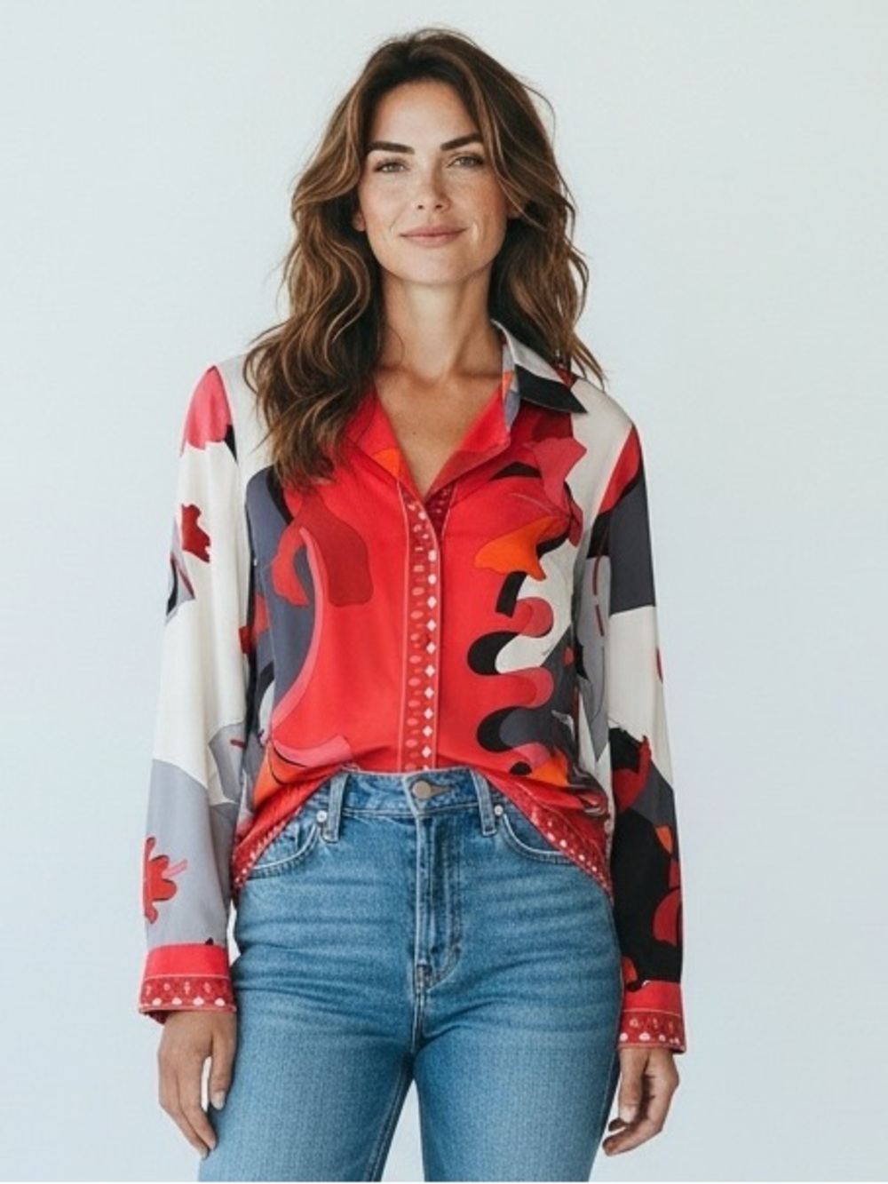 Averardo Bessi Vibrant Italian Silk Red Abstract-Print Button-Front Blouse